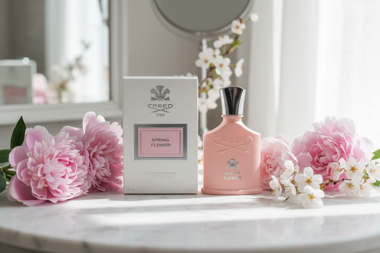 Creed Spring Flower — marble lifestyle with blossoms
