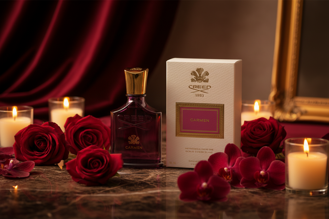 Creed Carmèn — dark marble candlelight lifestyle