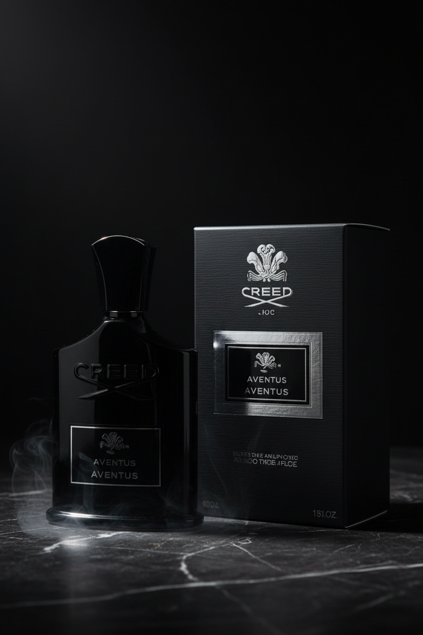 Creed Aventus perfume bottle on dark marble surface with moody liCreed Aventus Eau de Parfum Creed Aventusghting