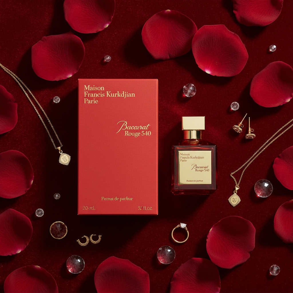 Baccarat Rouge 540 perfume bottle on reMaison Francis Kurkdjian Baccarat Rouge 540 Eau de Parfumd velvet with rose petals and gold jewelry