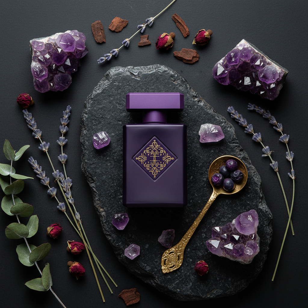 Initio Parfums Prives Side Effect perfume bottle on obsidian stone wvInitio Parfums Prives Side Effect Eau de Parfumith amethyst crystals