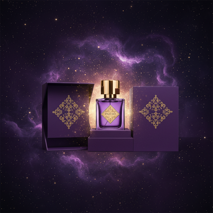 Initio Parfums Prives Side Effect perfume bottle with cosmic puInitio Parfums Prives Side Effect Eau de Parfumrple nebula background