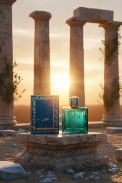 Versace Eros perfume bottle with ancient Greek marble temple and golden sunsVersace Eros Eau de Toilettemasculine strength et