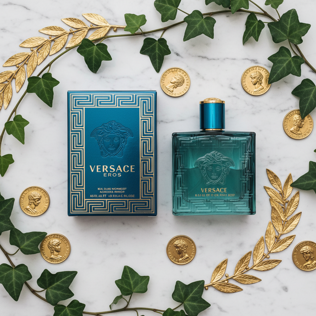 Versace Eros perfume bottle on white marble with gold laurel leaves and ivVersace Eros Eau de Toilettemasculine strength y vines