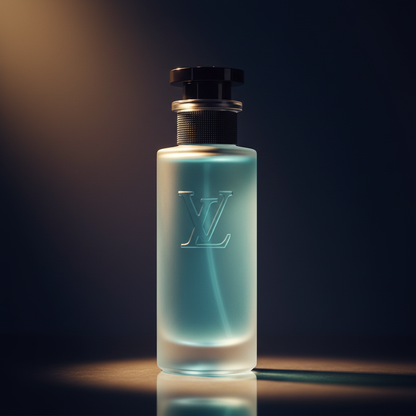 Louis Vuitton Imagination perfume bottle with navy blue backgrounLouis Vuitton Imagination Eau de Parfumd and golden spotlight