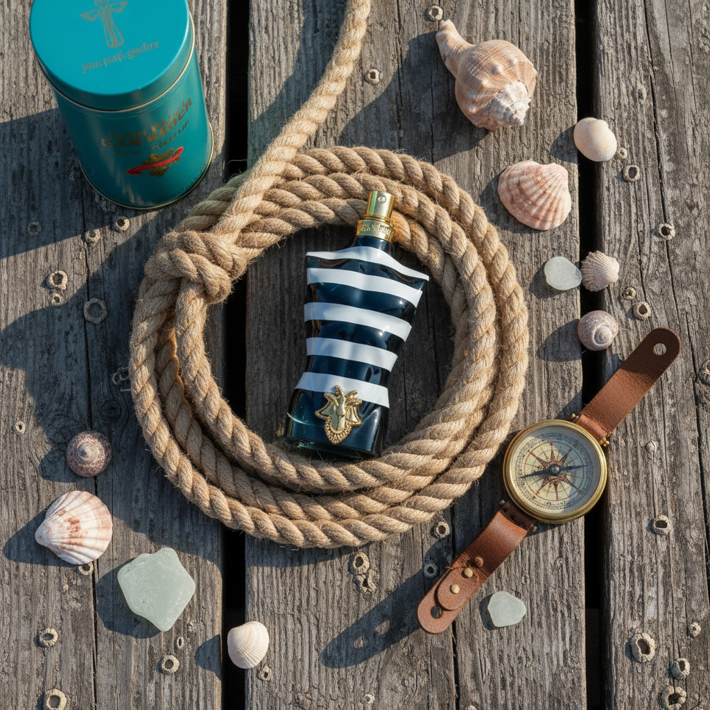 Jean Paul Gaultier Le Male perfume bottle on wooden dock with nJean Paul Gaultier Le Male Eau de Toiletteautical rope and sea shells