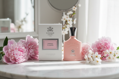 Creed Spring Flower — marble lifestyle with blossoms
