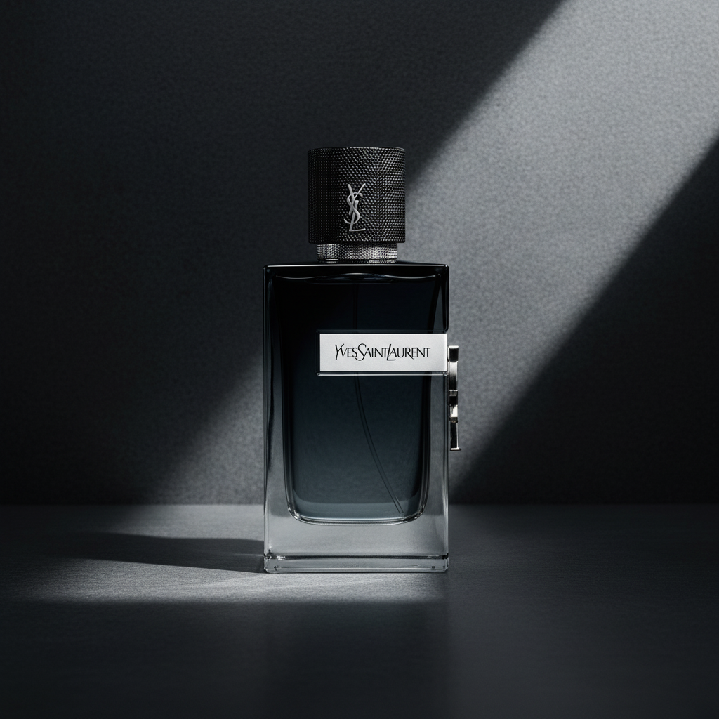 Yves Saint Laurent Y perfume bottle with charcoal grey background anYves Saint Laurent Y Eau de Parfumd silver light beam