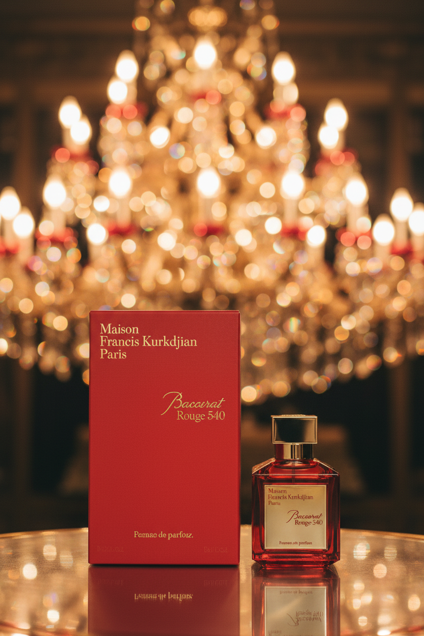 Baccarat Rouge 540 perfume bottle with opulent cryMaison Francis Kurkdjian Baccarat Rouge 540 Eau de Parfumstal chandelier background