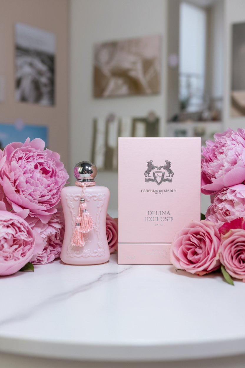 Parfums de Marly Delina perfume bottle surroundParfums de Marly Delina Eau de Parfumed by pink peonies and roses