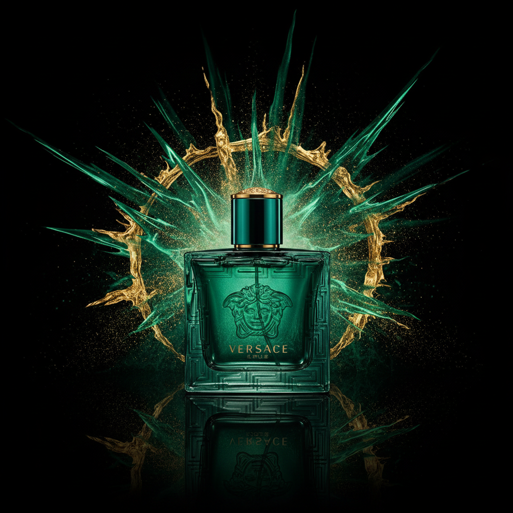 Versace Eros perfume bottle with dramatic black background and emerald goVersace Eros Eau de Toilettemasculine strength ld light explosion