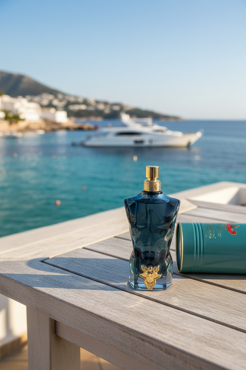 Jean Paul Gaultier Le Male perfume bottle with Mediterranean seaside and yachtJean Paul Gaultier Le Male Eau de Toilette background