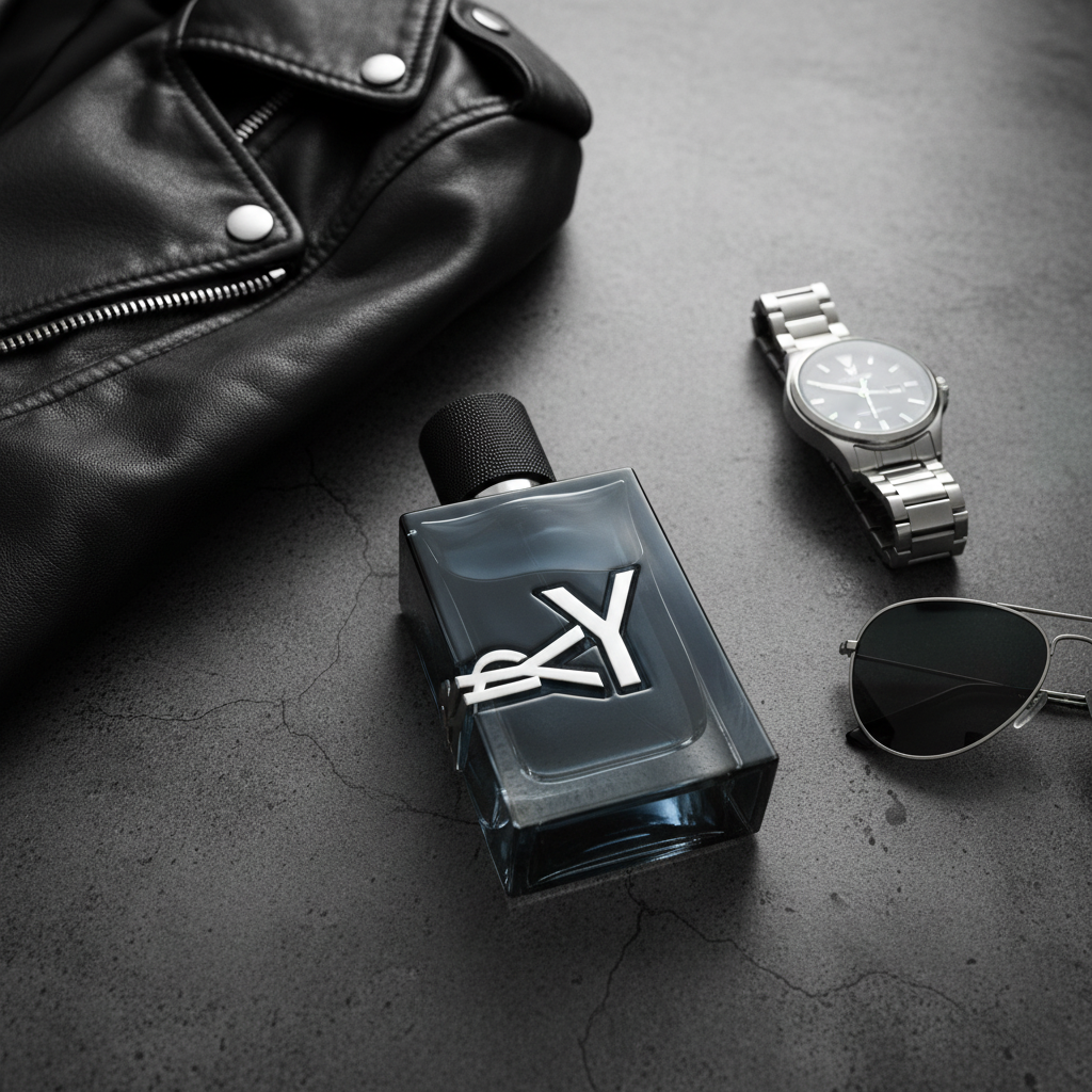 Yves Saint Laurent Y perfume bottle on dark concrete with leather jacket aYves Saint Laurent Y Eau de Parfumnd silver watch