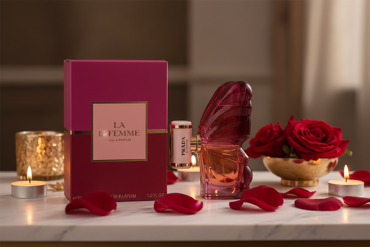 La Femme Prada — marble surface candlelight lifestyle