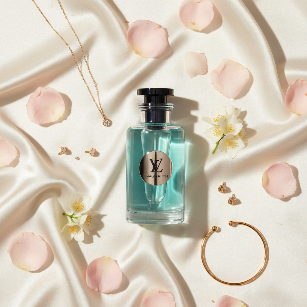 Louis Vuitton Imagination perfume bottle on cream silk fabric with petLouis Vuitton Imagination Eau de Parfumals and gold jewelry