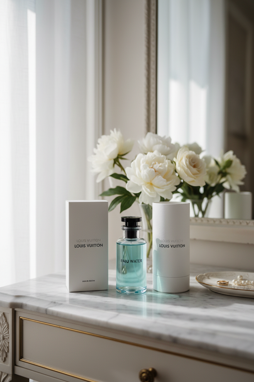 Louis Vuitton Imagination perfume bottle on Parisian marble vanitLouis Vuitton Imagination Eau de Parfumy with white flowers