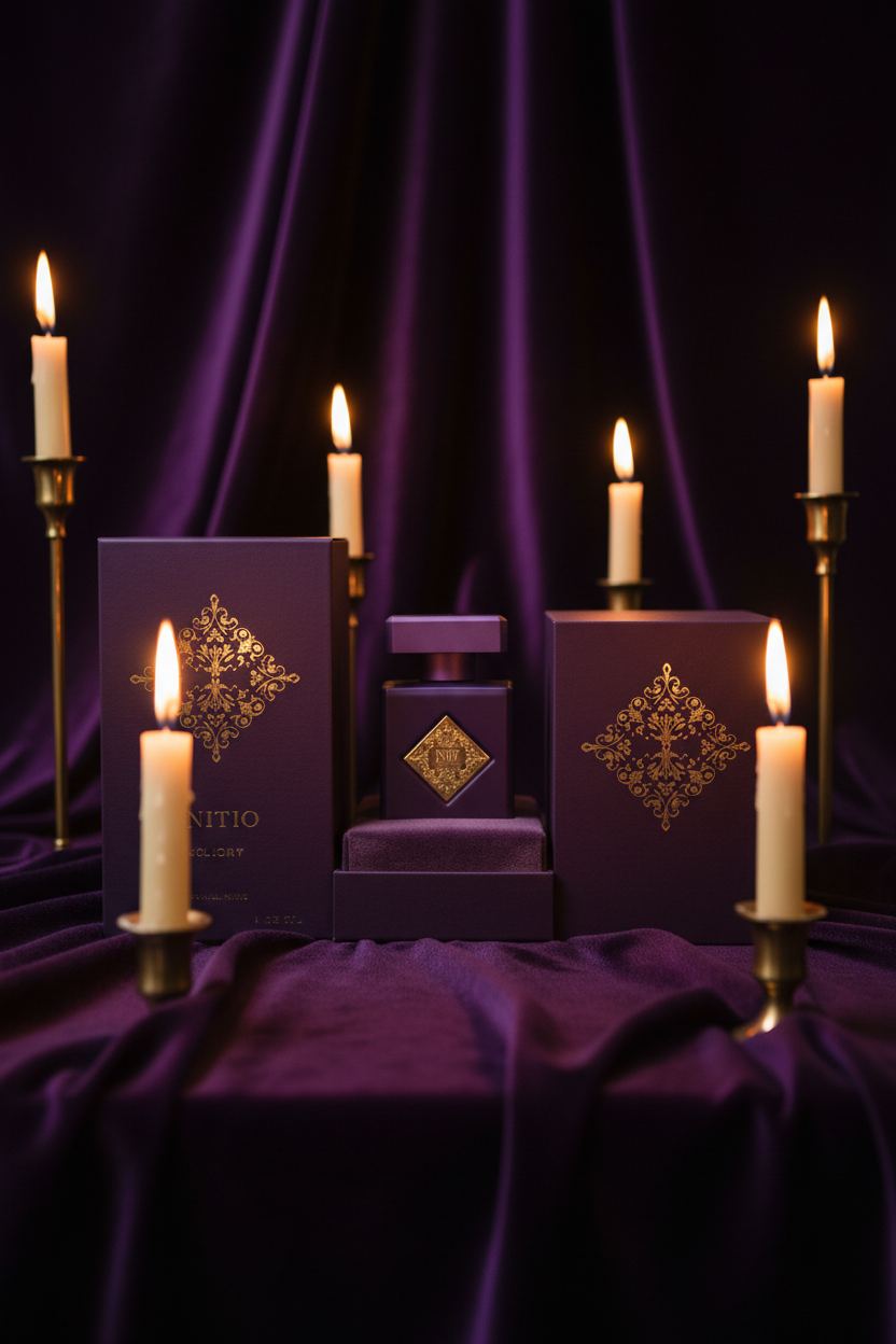 Initio Parfums Prives Side Effect perfume bottle with purple velvInitio Parfums Prives Side Effect Eau de Parfumet and candlelight