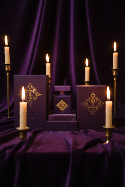 Initio Parfums Prives Side Effect perfume bottle with purple velvInitio Parfums Prives Side Effect Eau de Parfumet and candlelight