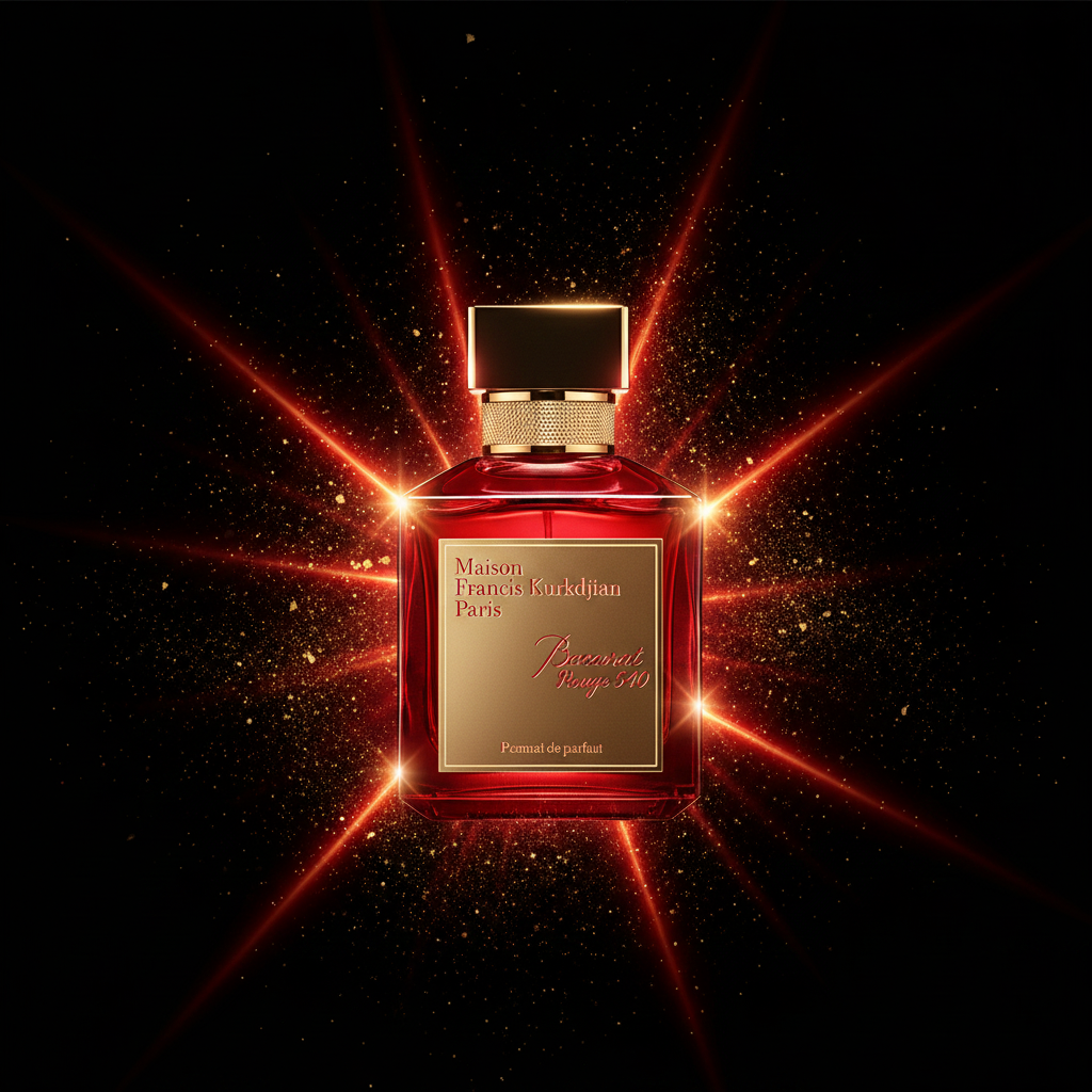 Baccarat Rouge 540 perfume bottle with dMaison Francis Kurkdjian Baccarat Rouge 540 Eau de Parfumramatic black background and gold dust