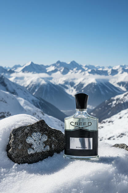 Creed Silver Mountain Water perfume bottle with snowCreed Silver Mountain Water Eau de Parfumy alpine mountain background